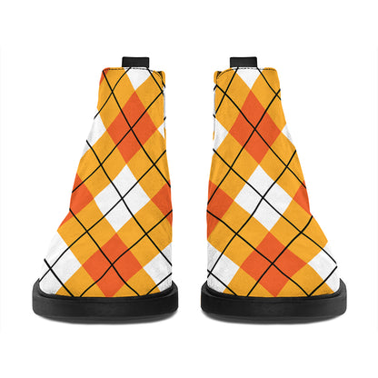 Orange And White Argyle Pattern Print Flat Ankle Boots