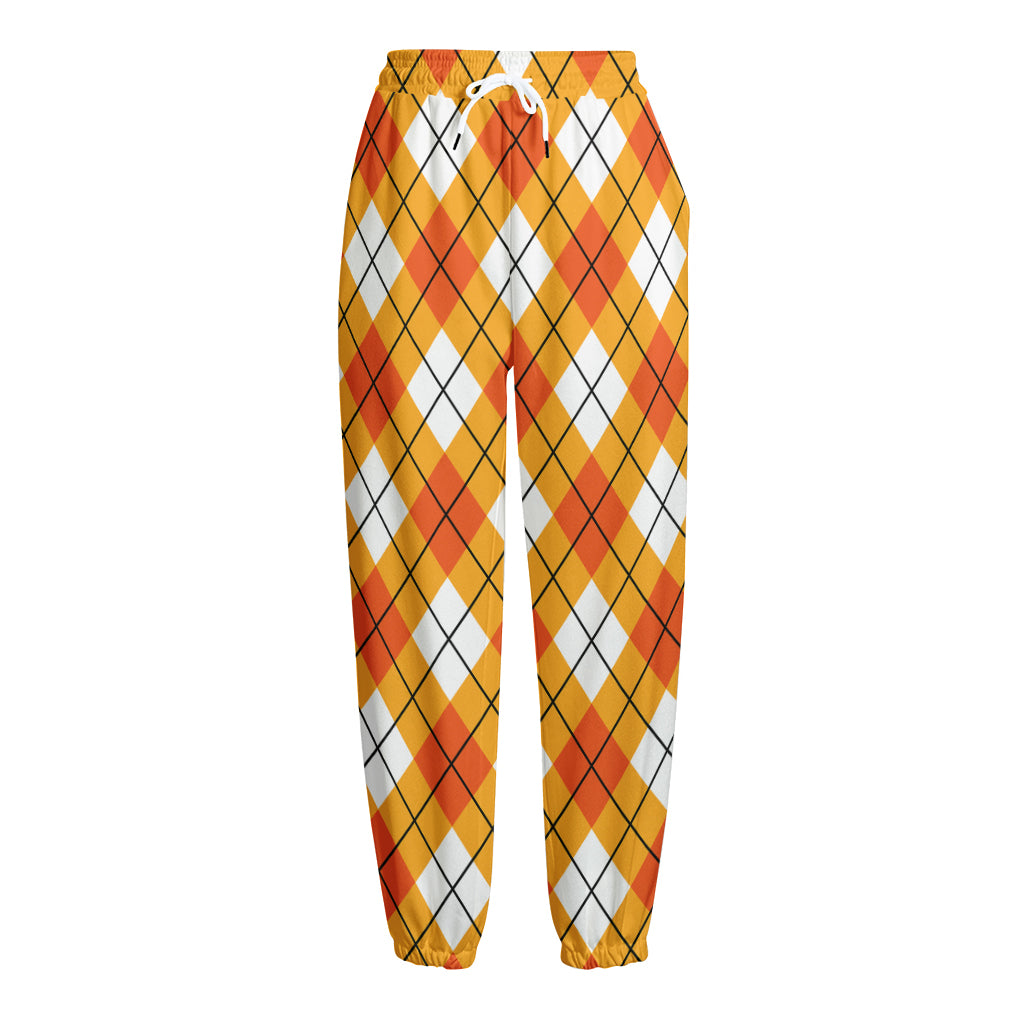 Orange And White Argyle Pattern Print Fleece Lined Knit Pants