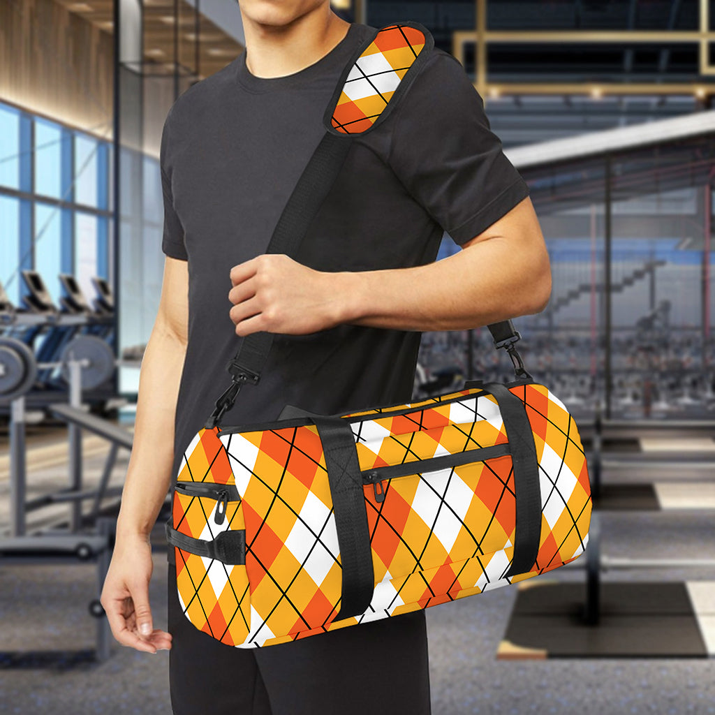 Orange And White Argyle Pattern Print Gym Bag