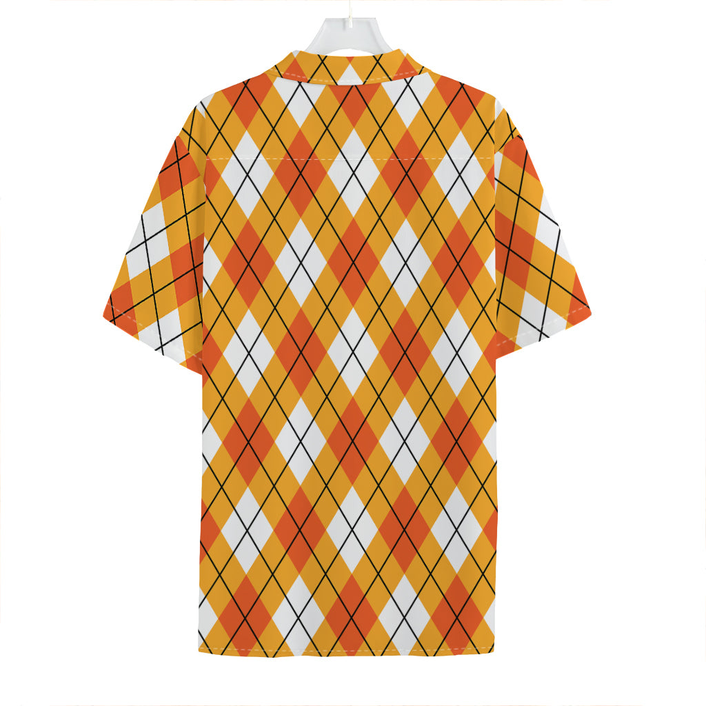 Orange And White Argyle Pattern Print Hawaiian Shirt