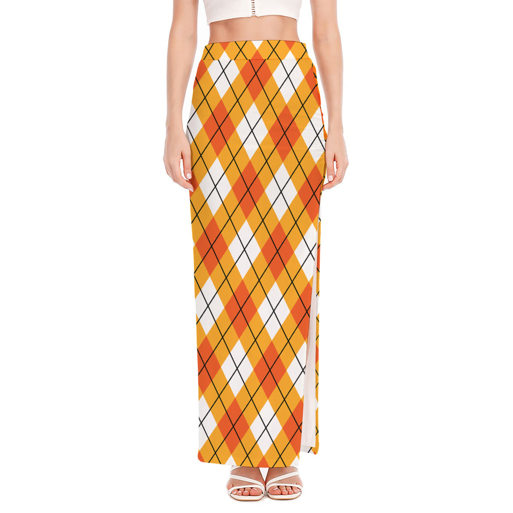 Orange And White Argyle Pattern Print High Slit Maxi Skirt