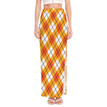 Orange And White Argyle Pattern Print High Slit Maxi Skirt