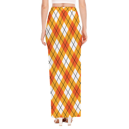 Orange And White Argyle Pattern Print High Slit Maxi Skirt