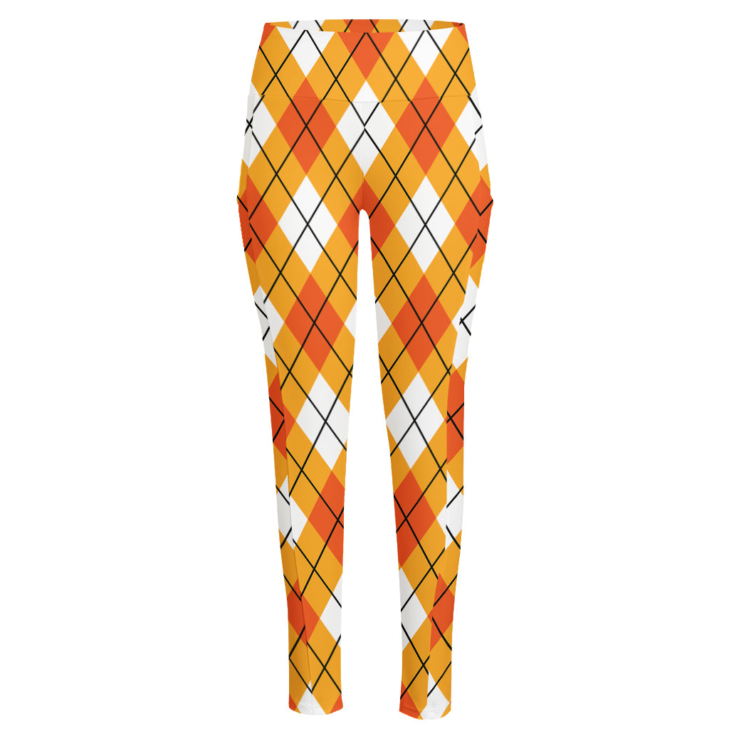 Orange And White Argyle Pattern Print High-Waisted Pocket Leggings