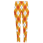 Orange And White Argyle Pattern Print High-Waisted Pocket Leggings