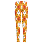 Orange And White Argyle Pattern Print High-Waisted Pocket Leggings