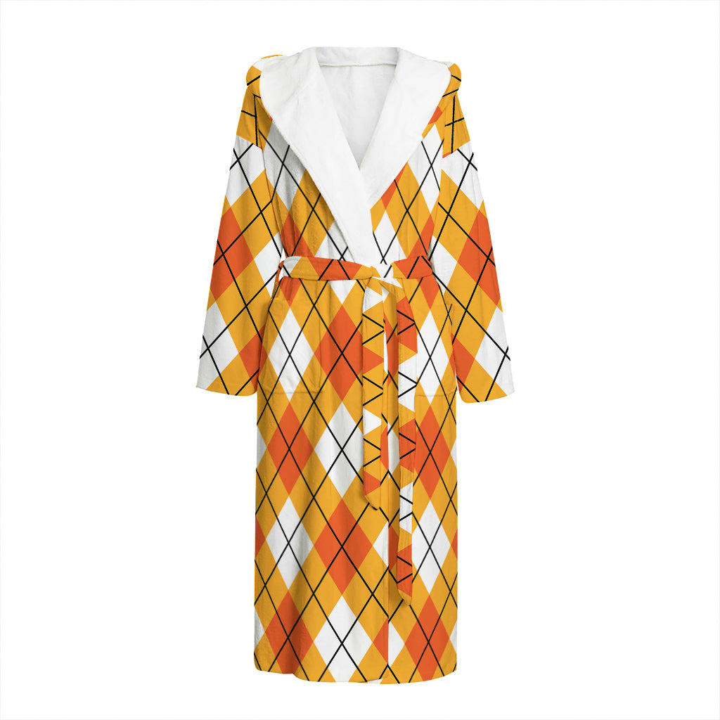 Orange And White Argyle Pattern Print Hooded Bathrobe
