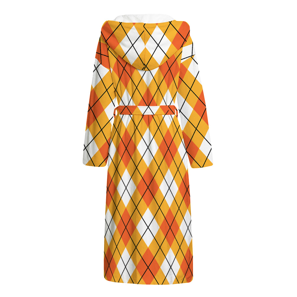 Orange And White Argyle Pattern Print Hooded Bathrobe