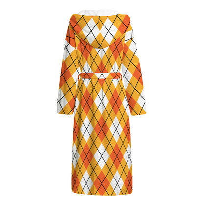 Orange And White Argyle Pattern Print Hooded Bathrobe