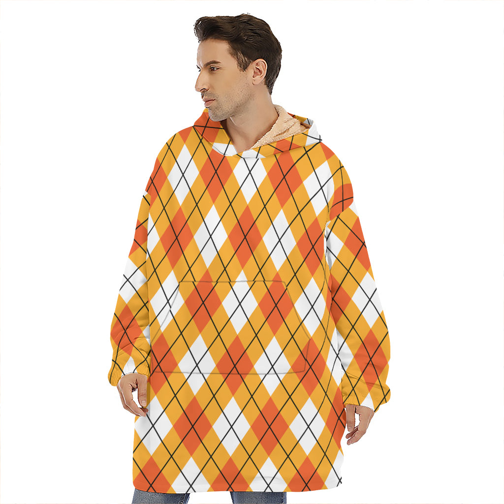 Orange And White Argyle Pattern Print Hoodie Blanket