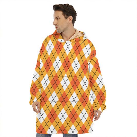 Orange And White Argyle Pattern Print Hoodie Blanket