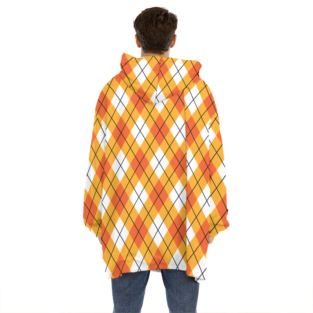 Orange And White Argyle Pattern Print Hoodie Blanket