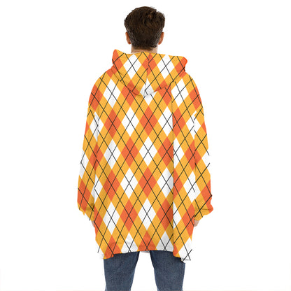 Orange And White Argyle Pattern Print Hoodie Blanket