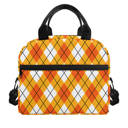 Orange And White Argyle Pattern Print Insulated Lunch Bag