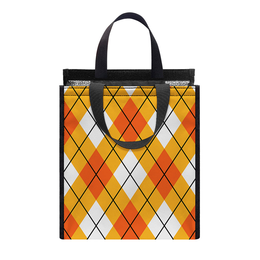 Orange And White Argyle Pattern Print Insulated Lunch Tote