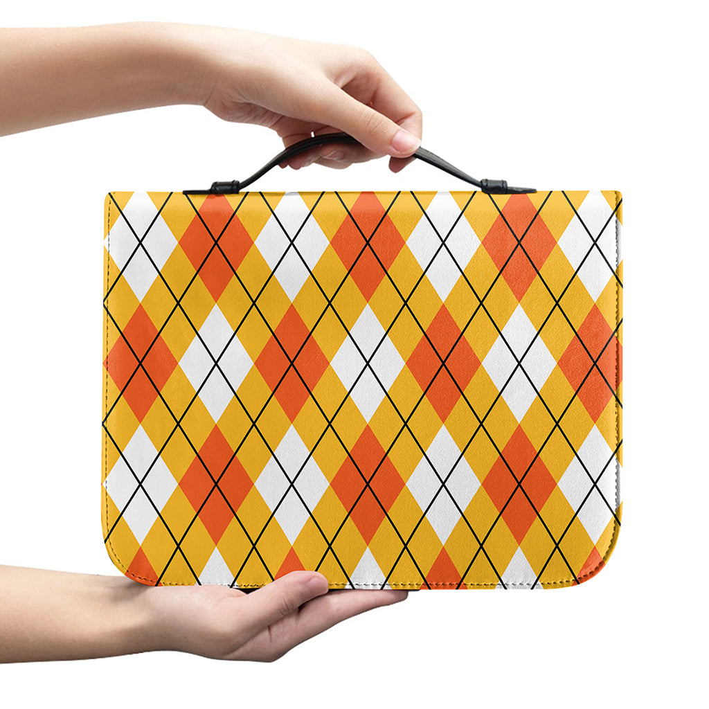 Orange And White Argyle Pattern Print Leather Bible Cover