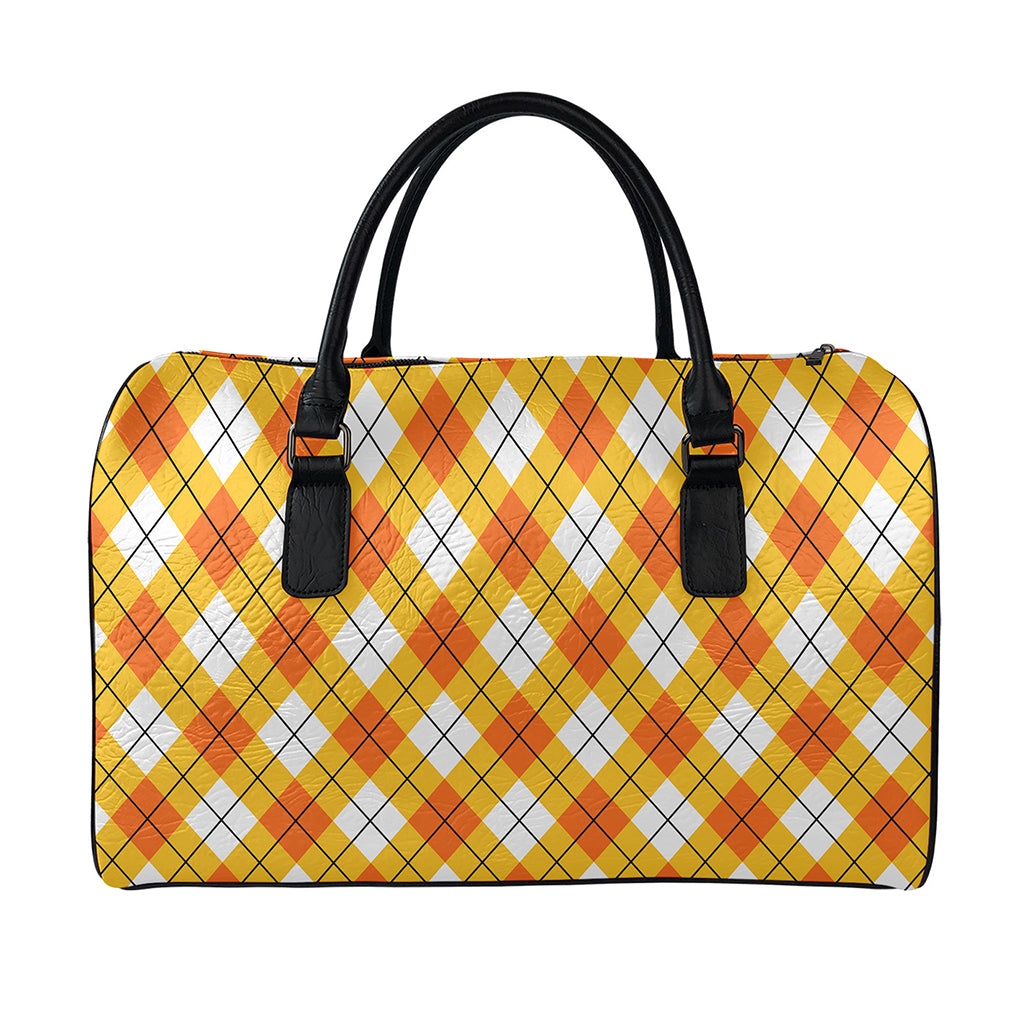 Orange And White Argyle Pattern Print Leather Duffle Bag