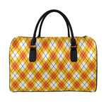 Orange And White Argyle Pattern Print Leather Duffle Bag
