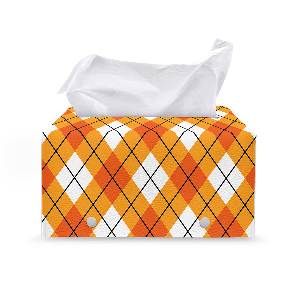 Orange And White Argyle Pattern Print Leather Tissue Box Cover