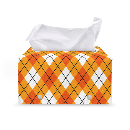 Orange And White Argyle Pattern Print Leather Tissue Box Cover