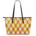 Orange And White Argyle Pattern Print Leather Tote Bag With Zipper