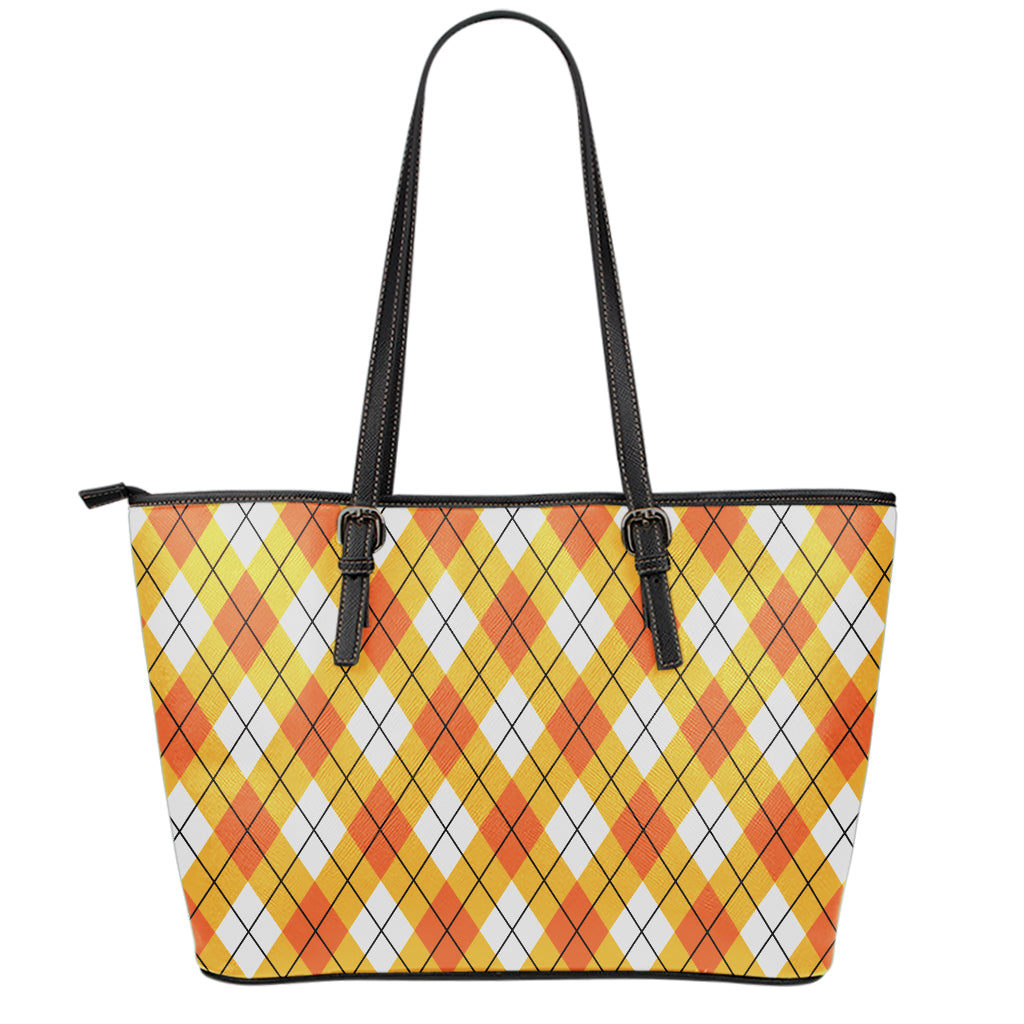 Orange And White Argyle Pattern Print Leather Tote Bag