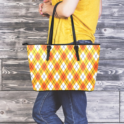Orange And White Argyle Pattern Print Leather Tote Bag