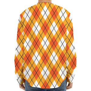 Orange And White Argyle Pattern Print Long Sleeve Baseball Jersey