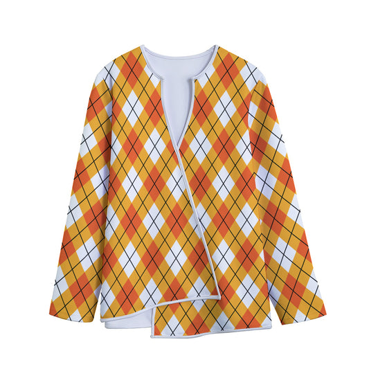 Orange And White Argyle Pattern Print Long Sleeve Short Coat
