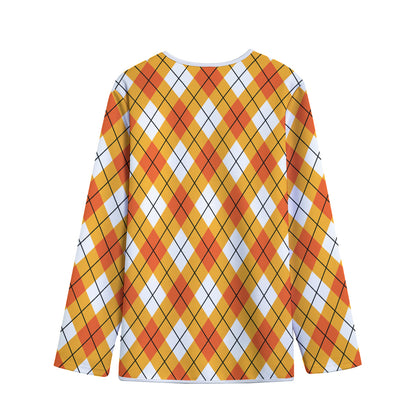 Orange And White Argyle Pattern Print Long Sleeve Short Coat