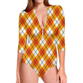 Orange And White Argyle Pattern Print Long Sleeve Swimsuit