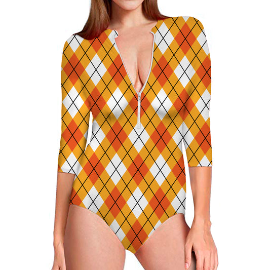 Orange And White Argyle Pattern Print Long Sleeve Swimsuit