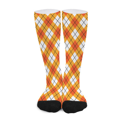 Orange And White Argyle Pattern Print Long Socks