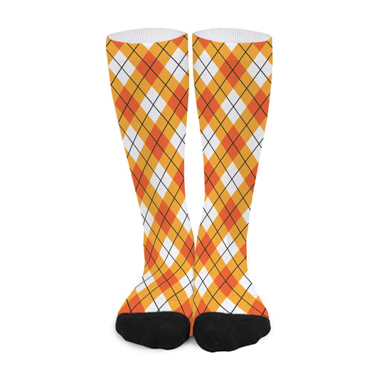 Orange And White Argyle Pattern Print Long Socks