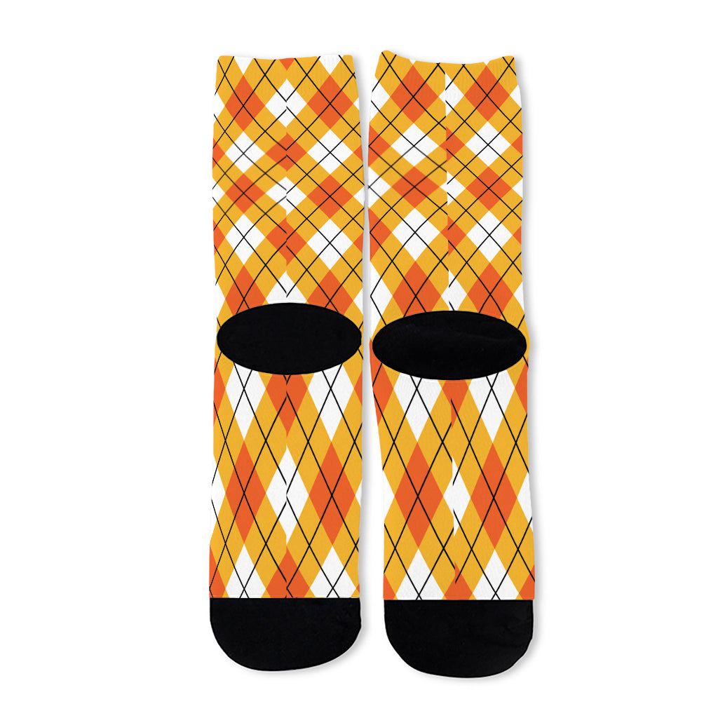 Orange And White Argyle Pattern Print Long Socks