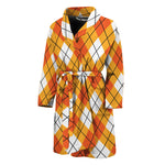 Orange And White Argyle Pattern Print Men's Bathrobe