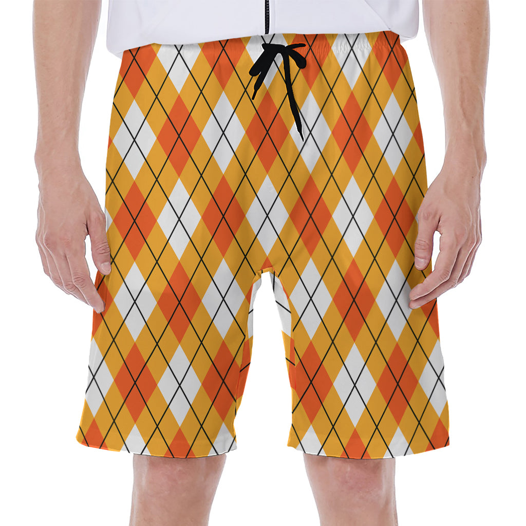 Orange And White Argyle Pattern Print Men's Beach Shorts