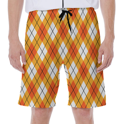 Orange And White Argyle Pattern Print Men's Beach Shorts