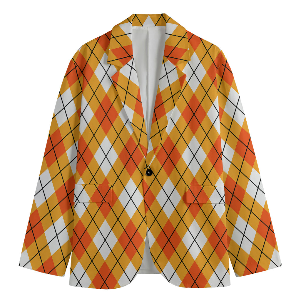 Orange And White Argyle Pattern Print Men's Blazer