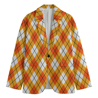 Orange And White Argyle Pattern Print Men's Blazer