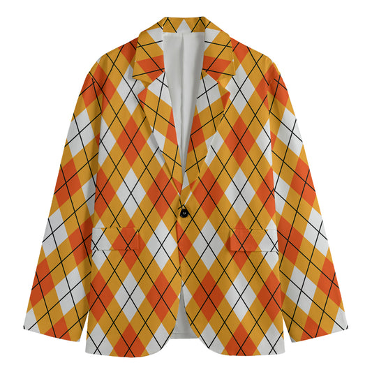 Orange And White Argyle Pattern Print Men's Blazer