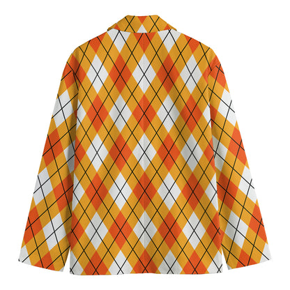 Orange And White Argyle Pattern Print Men's Blazer