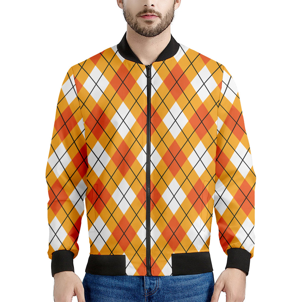 Orange And White Argyle Pattern Print Men's Bomber Jacket