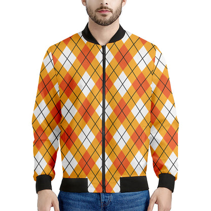 Orange And White Argyle Pattern Print Men's Bomber Jacket