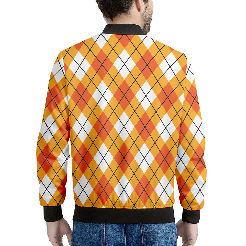 Orange And White Argyle Pattern Print Men's Bomber Jacket