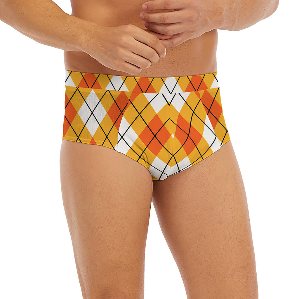 Orange And White Argyle Pattern Print Men's Briefs