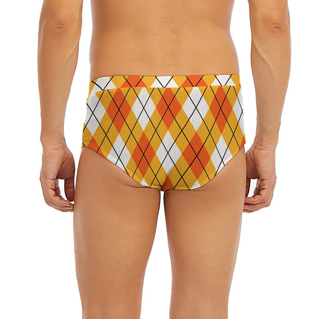 Orange And White Argyle Pattern Print Men's Briefs
