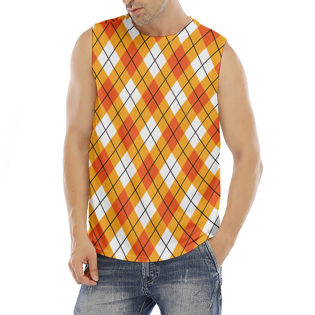 Orange And White Argyle Pattern Print Men's Fitness Tank Top