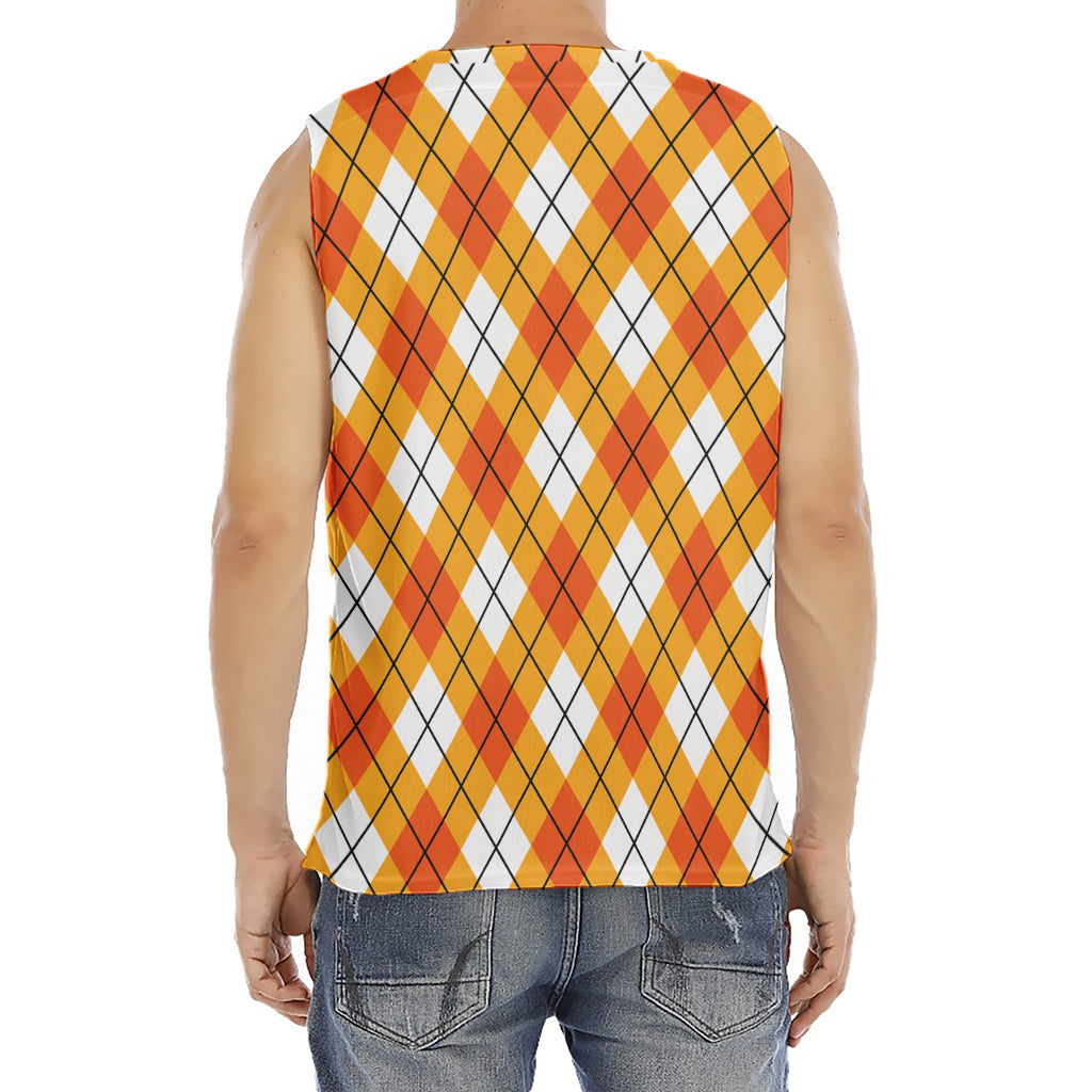 Orange And White Argyle Pattern Print Men's Fitness Tank Top