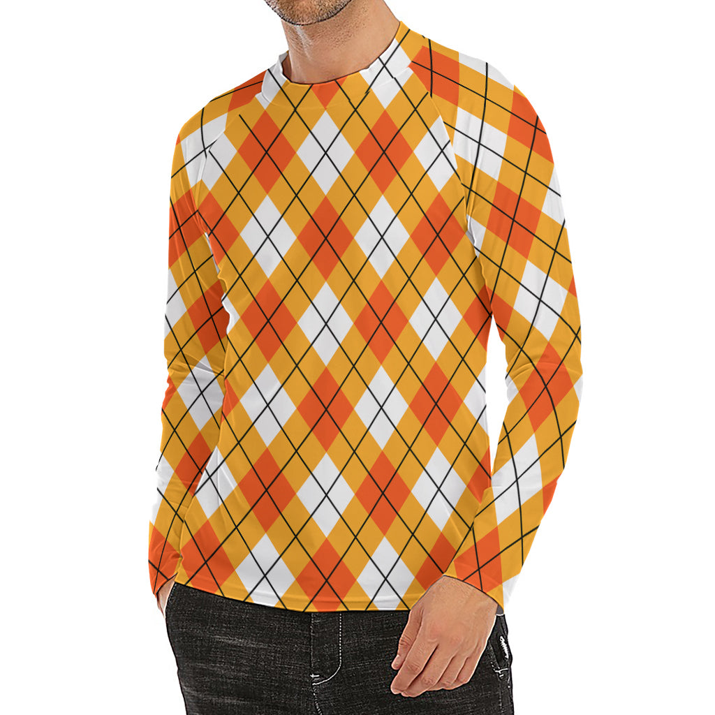 Orange And White Argyle Pattern Print Men's Long Sleeve Rash Guard